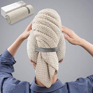 Imagem de Toalha de cabelo de microfibra YFONG grande, macia, para secar cabelo, com elástico, turbante para cabelos longos, cacheados, molhados, antifrizz, presente para mulheres - Bege (camel)