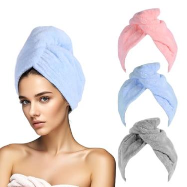 Imagem de Pacote com 3 toalhas de microfibra – turbantes de cabelo e toalhas de enrolar para todos os tipos de cabelo, antifrizz (azul celeste, cinza, rosa)