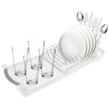 Imagem de Escorredor de louça compacto expansível, PP de qualidade e ferro cromado, resistente à ferrugem, comprimento extensível de aproximadamente 29,2 cm a 49,2 cm, para bancadas de apartamentos/armários de