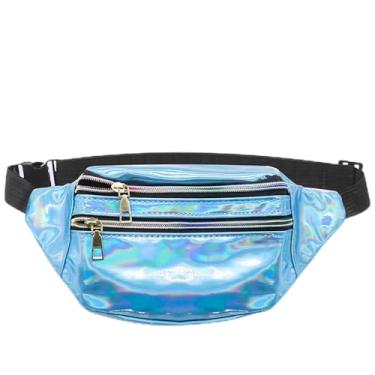 Imagem de Fanny Pack Bolsa feminina holográfica horizontal à prova d'água com cinto ajustável a laser moda esportes PU brilhante pochete, Azul, Pacotes de cintura