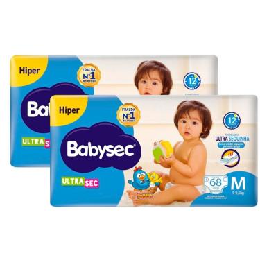 Imagem de Kit 2 Fralda Babysec Ultrasec Hiper Tamanho M com 68 Unidades Descartáveis