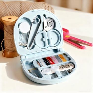 Imagem de Mini caixa de costura portátil, lindo kit básico de costura de emergência com agulhas, fios, botões, tesouras para viagens, pequenos suprimentos de costura DIY para uso diário, azul