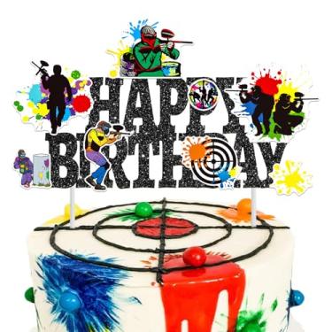 Imagem de Paintball Birthday Cake Topper Glitter Black Paintball Birthday Party Decorations Paintball Themed Splatter Splash Cake Picks Decor for Paint Ball Shooting Game Sport Party Supplies