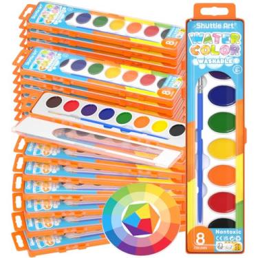 Imagem de Shuttle Art Conjunto de tinta aquarela de 8 cores a granel, pacote com 24, conjunto de tinta aquarela com pincéis de tinta e rodas coloridas para crianças e adultos, tinta lavável para sala de aula