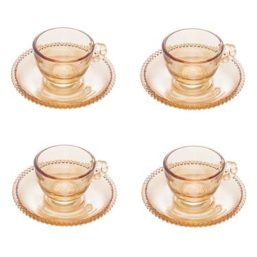 Imagem de Cj 4 Xícaras P/Café C/Pires de Cristal Pearl Bolinha Âmbar 80ml Wolff