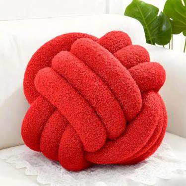 Imagem de Adlbbkiy Bola de almofada de nó vermelho escuro de 21 cm, almofada redonda macia feita à mão com nó, almofada de pelúcia para decoração de casa, almofada de travesseiro de pelúcia com nó, para sofá de