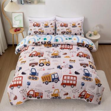 Imagem de NTBED Conjunto de cama completo de microfibra leve para meninos e crianças, veículos de bombeiros, escavadeira, 5 peças