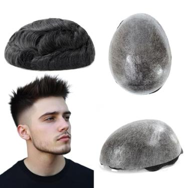 Imagem de HAIR NATURE Peças de cabelo humano peruca masculina, perucas reais para homens, pele de poliéster injetada de 0,12 mm, unidades de cabelo preto natural #1C
