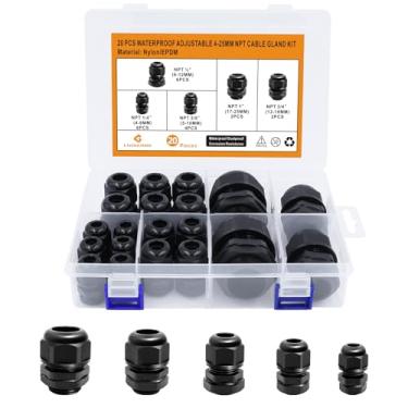 Imagem de Prensa-cabos à prova d'água, LISTENJIALE 20 peças de nylon NPT ajustáveis 4-25 mm conectores de cabo à prova d'água 1/10.2 cm 3/20.3 cm 1/5.1 cm 3/10.2 cm 2.5 cm juntas de glândula de cabo com juntas