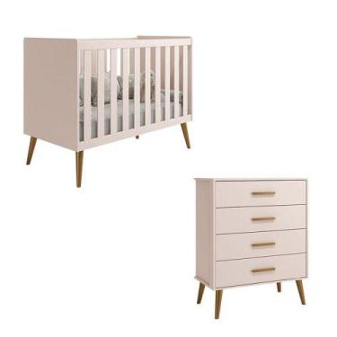 Imagem de Berço Americano E Cômoda Gaveteiro Infantil Isis Rosa Acetinado - Rell