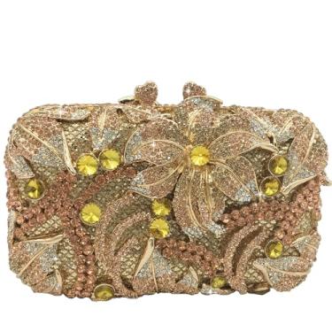 Imagem de Boutique De FGG Mini bolsa clutch floral para mulheres, formal, bolsa de mão com strass, bolsa clutch de cristal para festa nupcial, Champanhe dourado, Mini