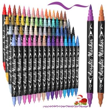 Imagem de TOSHARE Marcadores de tinta acrílica de 60 cores – Canetas de tinta acrílica de ponta dupla à prova d'água com pincel e ponta fina, conjunto de marcadores profissionais de scrapbook para papel, tecido