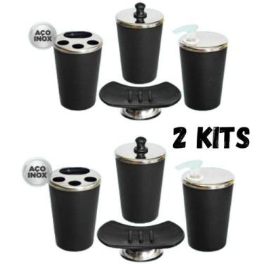 Imagem de 2 Kits Lavabo Preto Banheiro Inox Com 8 Peças Conjunto Luxo - PANSHOPP
