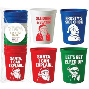 Imagem de Copos de Natal – Pacote Divertido Variado – Conjunto de 12 Copos de Plástico Reutilizáveis para Estádio de 473 ml a granel – Decorações de Natal e lembrancinhas de festa para adultos – Copo engraçado