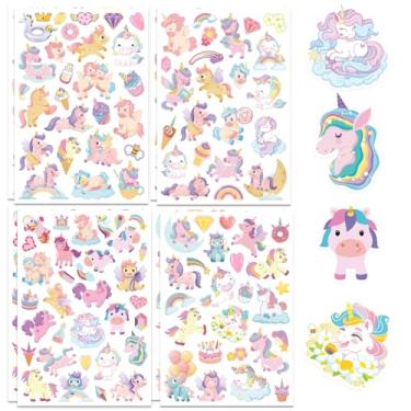 Imagem de 8 folhas de adesivos de unicórnio arco-íris para meninas, adesivos bonitos à prova d'água, adesivos de animais de desenho animado, unicórnio mágico, decorações para lembrancinhas de festa de