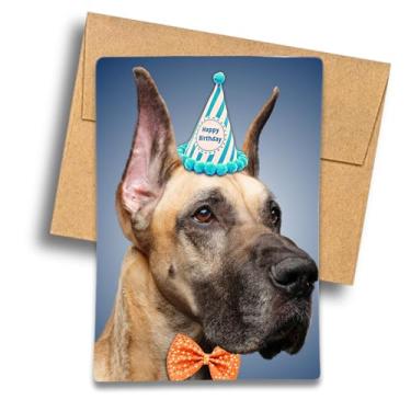 Imagem de Fava Bean Productions Cartão de aniversário dogue alemão (chapéu de feliz aniversário e design de gravata borboleta) fulvo com orelhas ancoradas - 537