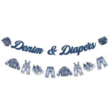 Imagem de Cheereveal Decorações de chá de bebê jeans e fraldas, faixa de jeans e fraldas, guirlanda de roupas jeans azul, tema jeans chá de bebê revelar gênero suprimentos para festa de aniversário