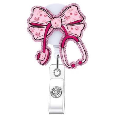 Imagem de AFRITEE Porta-crachá retrátil para enfermeira – Carretel de crachá de laço rosa fofo para acessórios de trabalho de enfermagem, crachá de glitter acrílico com clipe jacaré presente para assistente