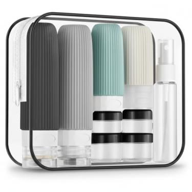 Imagem de Kit de Frascos de Viagem para Cosméticos | Shampoo | Condicionador, 16 Itens, Silicone e Plástico, com Necessaire Transparente, 60ml e 90ml | Design Canelado (Preto)