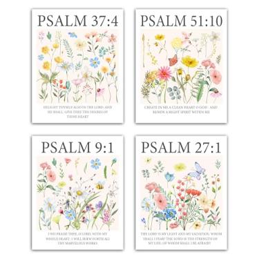 Imagem de Conjunto de 4 pôsteres de versículo bíblico de flores silvestres, escrituras cristãs, decoração de parede para sala de estar, quarto, escritório, citações religiosas, impressões de fotos, decoração