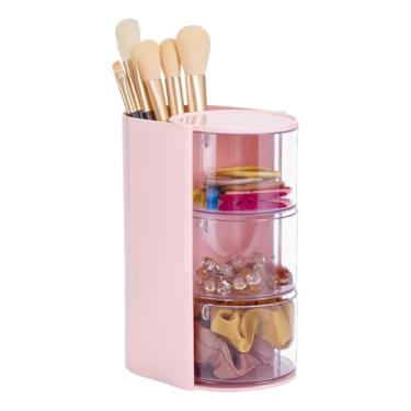 Imagem de AHANDMAKER Organizador de acessórios de cabelo rosa de 3 camadas com suporte de escovas de cabelo, suporte de escova de cabelo de plástico, recipiente giratório para pincéis de maquiagem, suprimentos