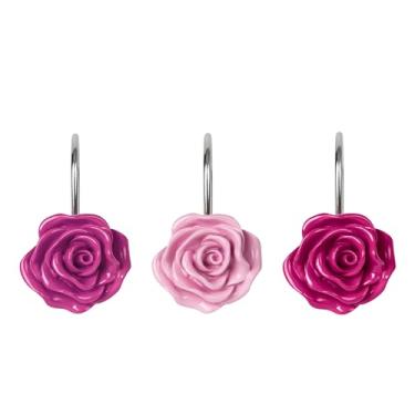 Imagem de Sunlit Ganchos de cortina de chuveiro rosa, anéis decorativos de cortina de chuveiro de flores para banheiro, resina, rosa Symphony floral ganchos de cortina de chuveiro para sala de estar, conjunto