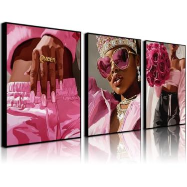 Imagem de 3 peças de arte de parede rosa rainha impressão em tela moderna menina negra arte moda pôster galeria fotos envoltório para sala de estar quarto escritório decoração de casa 12x16 polegadas sem