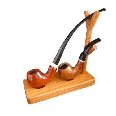 Imagem de Tom's Wheezes Suporte de madeira para cachimbo de tabaco para 2 cachimbos - Rack decorativo de mesa destacável para tiro de haste longa e acessórios
