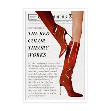 Imagem de Arte de parede de bota vermelha elegante, pôster em tela feminista, impressões estéticas de jornal da Vogue, decoração de quarto estilo Estocolmo para bar carrinho dormitório quarto decoração de