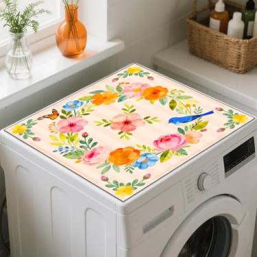 Imagem de GLOBLELAND Tapete de proteção contra poeira estilo boêmio para lavadora de lavanderia 59,9 x 59,9 cm minimalistas florais para máquina de lavar roupa protetor superior almofadas flores pássaro