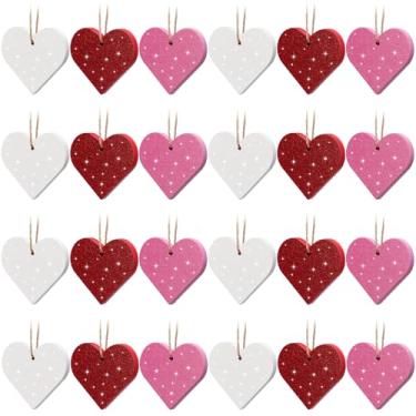 Imagem de Vercraft 24 peças de enfeites de coração de dia dos namorados com glitter para árvore de madeira rosa vermelho branco decoração de árvore de dia dos namorados enfeites de coração para decoração de