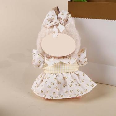 Imagem de Compatível com Labubu 15-17 cm (sem boneca) - Vestido floral bege com detalhe de guingão amarelo e clipe de cabelo de laço, roupa de boneca para brinquedos de pelúcia (bege e amarelo)