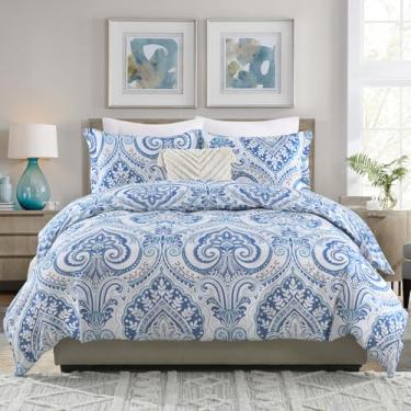 Imagem de MYOTA Capa de edredom Queen – Capa de edredom 100% algodão Paisley Damasco Boho King Size, 3 peças de capa de edredom com textura respirável ultramacia para todas as estações (branco, azul, 228 x 228
