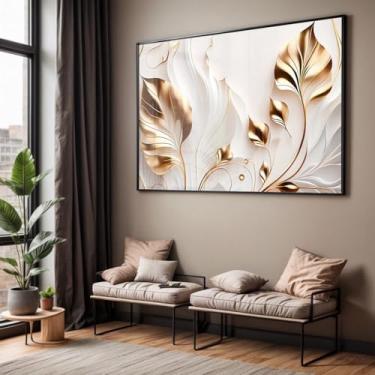 Imagem de Quadro com Moldura e Acrílico Cristal Flores Brancas Dourado – Arte Floral Horizontal Sala Quarto Hall Decorativo Grande (40x60, Branco)