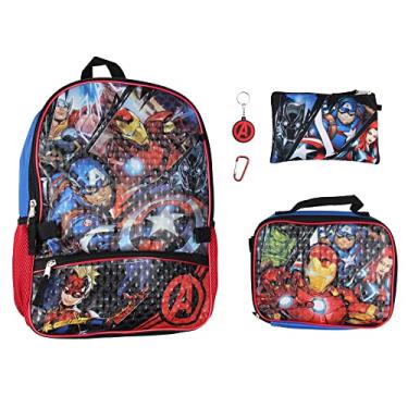 Imagem de Marvel Avengers Conjunto de 5 peças de mochila infantil lancheira chaveiro estojo de lápis mosquetão para viagem escolar
