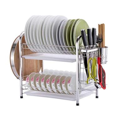 Imagem de Escorredor de pratos de aço inoxidável 304 de 2 camadas com suporte para pauzinhos de utensílios/suporte de tábua de corte para balcão de cozinha (2 camadas 52 x 25 x 40 cm) suportes de guardanapo
