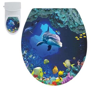 Imagem de Decalques para tampa de vaso sanitário | Decalque de assento de vaso sanitário com tema de mar, adesivos de casa, adesivos de janela, decoração de quarto moderna em PVC para superfícies lisas e limpas