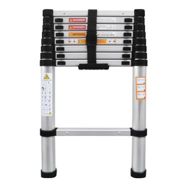 Imagem de Escada telescópica, escada de extensão de alumínio de 2,6 m com pés antiderrapantes, travas de segurança, capacidade máxima resistente de 150 kg, escada de sótão multiuso fácil de armazenar, adequada