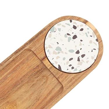 Imagem de Tigela de frutas, bandeja de madeira com porta-copos de cerâmica, pratos de frutas de madeira para festas, pratos retangulares de frutas