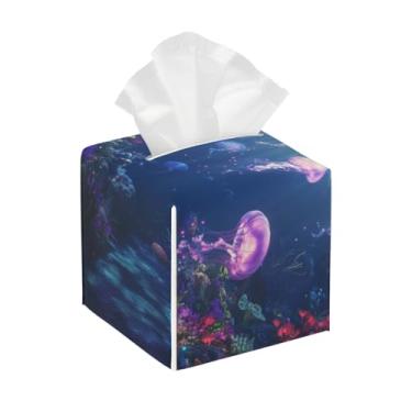 Imagem de Caixa de lenços de couro quadrada à prova d'água água-viva do oceano bonito organizador de papel facial com cinto inferior cubo estojo de tecido para mesa, banheiro, escritório, mesa, carro