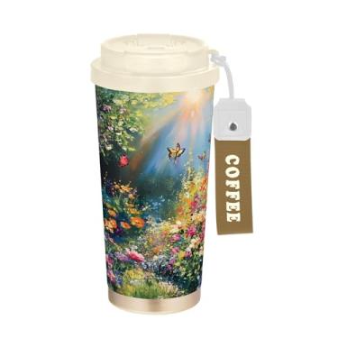Imagem de SEHANY Caneca de viagem borboleta e flores de 482 ml Copos de café reutilizáveis revestidos de cerâmica com tampa à prova de vazamento, parede dupla, isolamento a vácuo, copo de café de aço inoxidável