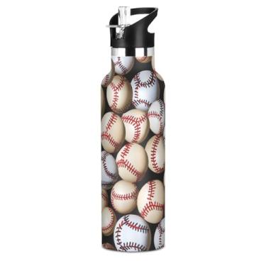 Imagem de Blueangle Garrafa de água de 590 ml com canudo - Garrafa de água esportiva de aço inoxidável sem BPA, design de padrão de bolas de beisebol à prova de vazamento para academia, atividades ao ar livre