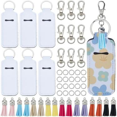 Imagem de SOFPLATE 16 conjuntos de 68 peças de suporte de batom de sublimação em branco com suporte de batom de sublimação a granel com borla colorida, conjunto de chaveiros, decoração para bricolage, presente