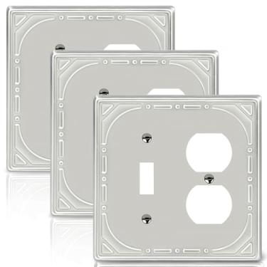 Imagem de Combinação de metal para interruptores de luz, placa de parede, 1 interruptor/1 placa de interruptor duplex, capas de tomada de níquel escovado decorativas, placa de parede de 2 grupos - estilo retrô