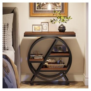 Imagem de SPXMQSS Mesa lateral de madeira estreita de 3 camadas, mesa lateral de cama para mesa de cabeceira de quarto com prateleiras de armazenamento e moldura de metal para sala de estar, quarto, escritório