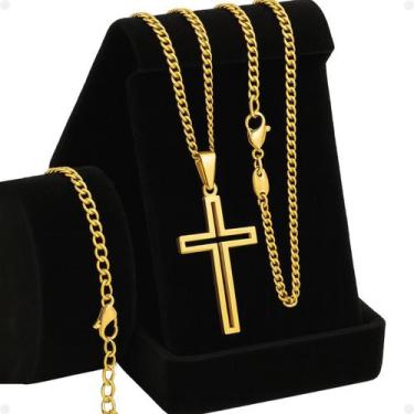 Imagem de cordao aco inox banhado ouro + pulseira + pingente crucifixo grumet so