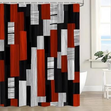 Imagem de CWHCWA Cortina de chuveiro vermelha e preta, abstrata, geométrica, moderna, minimalista, estética neutra meados do século, boêmia, única, decoração de banho, cortina com ganchos, 187 x 178 cm
