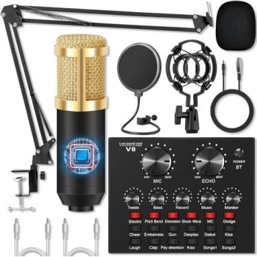 Imagem de Kit Microfone Condensador Profissional com Mesa de Som V8 | Suporte Articulado, Pop Filter e Shock Mount | Placa de Áudio Externa USB para Lives, Podcast, Streaming e Estúdio Home | Android/iOS/PC
