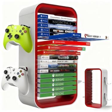 Imagem de wigmoa Game Storage Tower【15.8INCH】 Compatible with PS5/ Xbox Series S & X/Switch, Universal Video Games Discs Organizers 18 PCS with 4 Controllers Holder, Game Disk Rack Shelf. OYO-1 (Red/White)