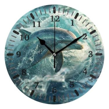Imagem de CEBUGI Relógio de parede golfinho operado a bateria relógios redondos silenciosos sem tique-taque relógios de parede para cozinha, banheiro, quarto, escritório, decoração 25,4 cm